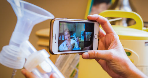 Lactation nurse, Polly Kocher, providing tele-breastfeeding services