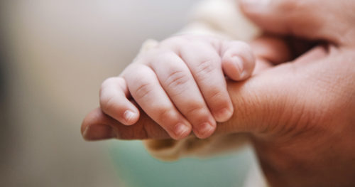 Infant hand wrapped around a finger of a congential heart specialist
