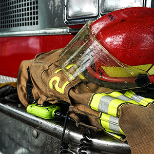 Fire truck and firefighter outfit. 