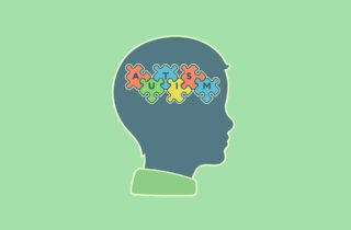 child's silhouette with autism spelled out in cartoonpuzzle pieces