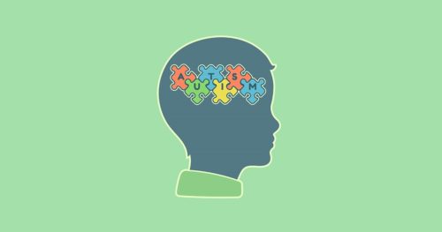 child's silhouette with autism spelled out in cartoonpuzzle pieces