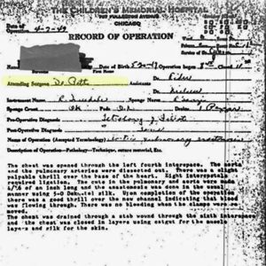 Record of Potts shunt operation performed by Dr. Potts on congenital heart patient Jim Brandon in 1949