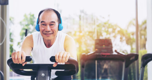 Heart attack survivor on exercise bicycle