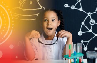 Young girl in lab coat doing STEAM excercises