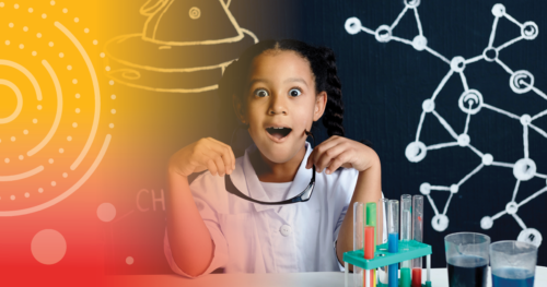 Young girl in lab coat doing STEAM excercises
