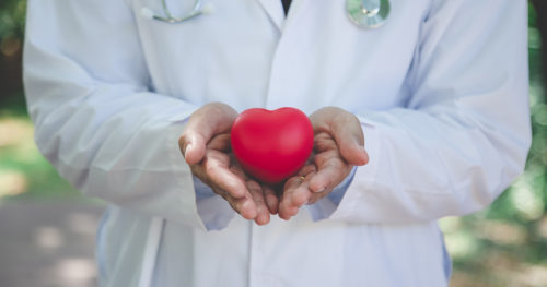 Cardiologist in white coat with toy heart.