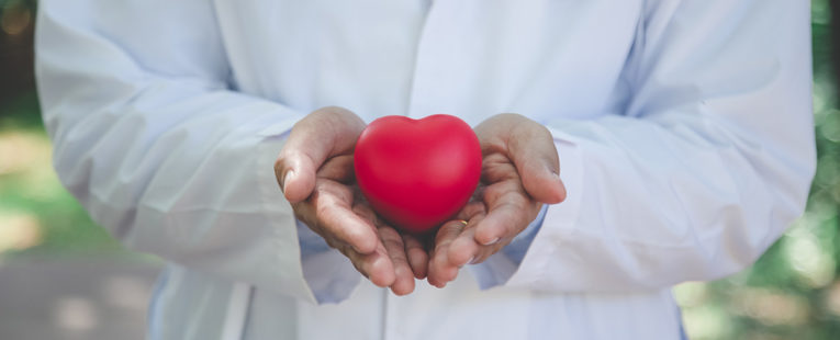 Cardiologist in white coat with toy heart.