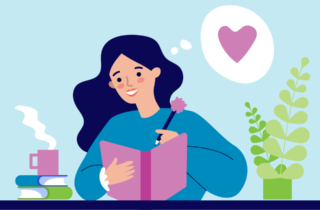 Illustration of a woman writing in her gratitude journal.