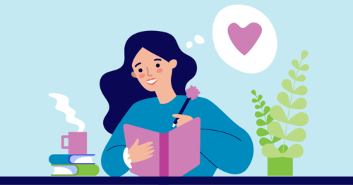 Illustration of a woman writing in her gratitude journal.