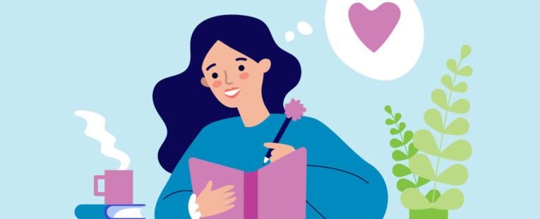 Illustration of a woman writing in her gratitude journal.