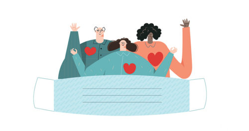 Illustration of 3 happy people with heart graphics blanketed by a mask