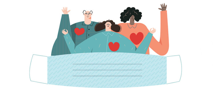 Illustration of 3 happy people with heart graphics blanketed by a mask