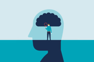 Illustration of a man with a magnifying glass examining the human brain.