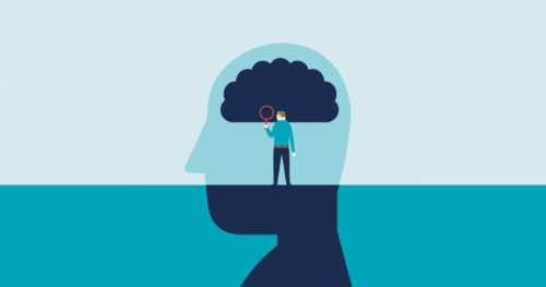 Illustration of a man with a magnifying glass examining the human brain.