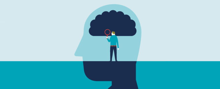 Illustration of a man with a magnifying glass examining the human brain.