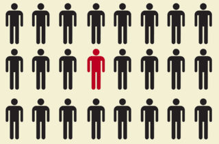 rows of person icons in black with one in red in the middle