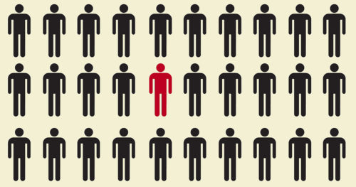 rows of person icons in black with one in red in the middle