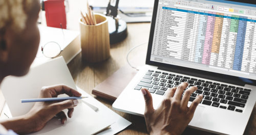 Person reviewing spreadsheet of healthcare analytics on laptop