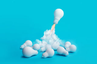 Illustration of a lightbulb taking off like a rocket.