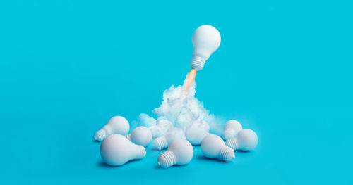 Illustration of a lightbulb taking off like a rocket.