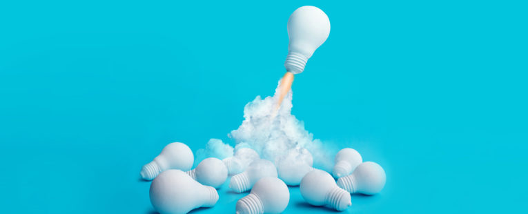 Illustration of a lightbulb taking off like a rocket.