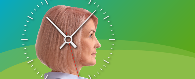 woman's profile with a clock overlay