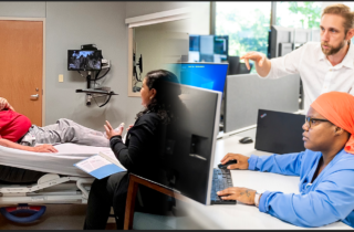 [Left] Clinician cares for patient through a digital hospital. [Right] Two individuals collaborating at computer.