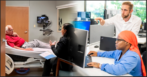 [Left] Clinician cares for patient through a digital hospital. [Right] Two individuals collaborating at computer.