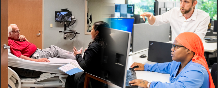 [Left] Clinician cares for patient through a digital hospital. [Right] Two individuals collaborating at computer.