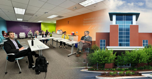 A split image of a group of Mission Partners from OSF St. Luke Medical Center participating in the Trailblazer Challenge and an image of OSF St. Luke Medical Center.