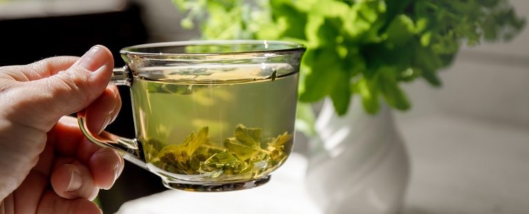 hand holds a clear cup filled with tea